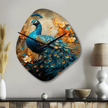 Teal Gold Emerald Peacock Drips - Asymmetric Metal Wall Clock